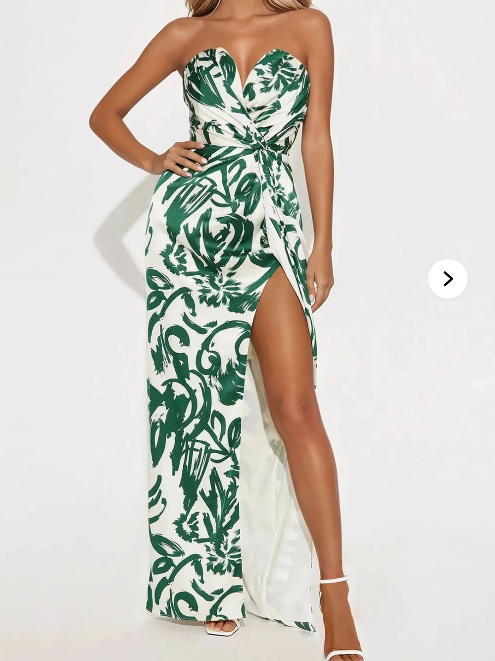 Fashion Nova White Strapless Maxi Dress with Green Leaf Print and Thigh Slit